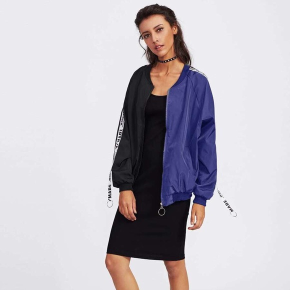 Two Toned Bomber Jacket—Patch Black Ribbon Detail 🟣 - Picture 3 of 5